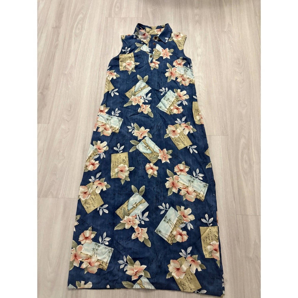 Caribbean Joe Women Maxi Dress Blue Tropical Floral Postcard Rayon Sleeveless XL - Picture 2 of 15